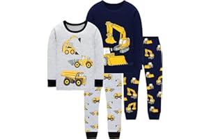 EULLA Kinder Jungen Schlafanzug Langarm Baumwolle Winter Pyjama Set Feuerwehrwagen Dinosaurier Bagger Traktor Zug Zweiteiliger Nachtwäsche 1-7 Jahre 92 98 104 110 116 122