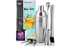Ensemble de shaker à cocktail Rorence : Shaker à Martini en acier inoxydable de 700 ML avec passoire intégré, pilon, cuillère de bar, jigger et 3 verseurs à vin - Ensemble d'outils de bar de 7