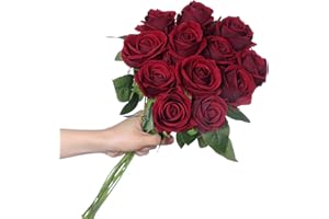 huaao 12 pcs Rosas Flores Artificiales de Seda, Flor Falsa con Largo Tallo Ramo de Boda Arreglos Florales Decoración Nupcial Novia Floreciente para Hogar Oficina Fiesta Centros de Mesa, (Borgoña)