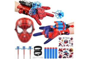 LIVESTN Lot de 2 Gant de Lanceur Spiderm, Gant de Lanceur Spiderm Spiderm Launcher Jouets de Poignet Lanceur de héros Spiderm Masque et Autocollants Gant de Cosplay en Plastique pour Enfants
