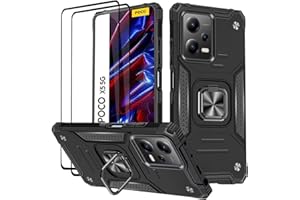 KANSi Hülle für Xiaomi Redmi Note 12 5G / Poco X5 5G, Schutzfolie [2 Stück] Silikon TPU Hart PC Handy Hüllen 360 Grad Drehbar Ringhalter Bumper Stoßdämpfung Schutzhülle - Schwarz