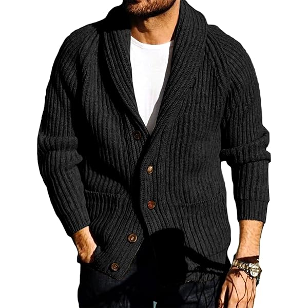 thumbnail image 2 of Mens Shawl Collar Long Cardigan Casual Buttons Twist Knited Cardigan Sweaters Fall Winter Chunky Overcoat Trench Tops(Black,Medium 2 of 10