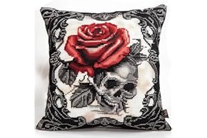 RKFLGEW DIY knüpfen set anfänger Rosen und Totenköpfe knüpfkissen mit vordruck Fantasieblumen DIY Knüpfkissen，Überwurfkissen，Matte，Stickerei-Bastelsets für Anfänger mit aufgedrucktem Muster，He 43x43cm