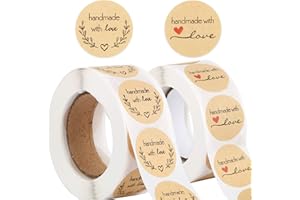 BHGT 1000 STK (2.5cm pro Stück) Handmade with Love Aufkleber Sticker Kraft Selbstgemacht mit Liebe Aufkleber Etiketten Rund Selbstklebend Geschenkaufkleber Geschenksticker Weihnachten in 2 Rollen