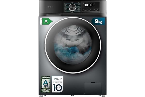 Cecotec Lavadora 9Kg Carga Frontal Bolero Dresscode 9500 Inverter Steel A. 1900W, 1400 rpm, Motor Inverter Plus, Bajo Consumo, 16 Programas, SteamMax, Delay Start, Acero