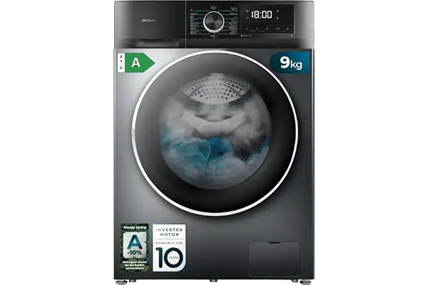 Cecotec Lavadora 9Kg Carga Frontal Bolero Dresscode 9500 Inverter Steel A. 1900W, 1400 rpm, Motor Inverter Plus, Bajo Consumo, 16 Programas, SteamMax, Delay Start, Acero