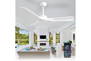 Depuley Ceiling Fan Without Light: 52 Inch Outdoor Fan with Remote App Control for Patio Porch - White Ceiling Fan no Light for Indoor - 3 Blade Fan Reversible 6 Speed Quiet