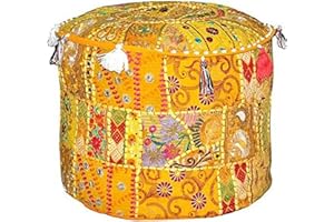 AAKRITI GALLERY Aakriti Indian Pouf Footstool with Embroidery Pouf, Indian Cotton, Pouf, Ottoman Pouf Cover with Ethnic Decor Art - Cover (Yellow, 56x35 cms)