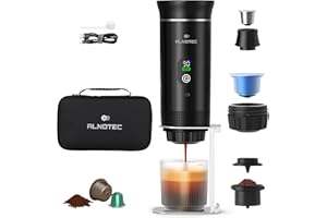 ALNOTEC Expresso Machine à Café Portable Electrique Auto Chauffante, 20BAR - 3 EN 1 Compatible Capsules NES, DG et Café Moulu, 80ml - Écran LED - Housse + Support inclus - Rechargeable USB-C,Nomade