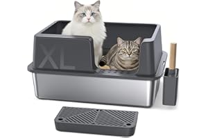 Gimars XXL Bac à Litière Chat en INOX 37L, Grande Capacité Anti-Fuite à Bords Hauts avec Entrée Latérale, Réduit Les Odeurs et Facile à Nettoyer, pour Grands Chats et Foyers Multi-Chats, 60×40×31 cm