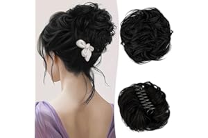 RUWISS Claw Clip in Messy Bun Hair Piece 100% Human Hair Buns Wavy Curly Chignon Hair Bun Extension Tousled Updo Hair Bun Real Human Hair Scrunchie with Clip for Women（Off Black）