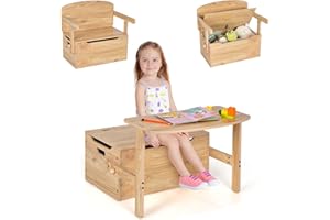 COSTWAY 3 en 1 Table Enfant en Bois avec Chaise, Banc Coffre à Jouets avec Couvercle & Poignée Découpée, Table d'Activités Convertible pour Tout-Petits de 3-7 Ans, Charge10/30kg, 60X57X44CM