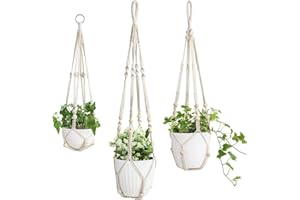 Mkouo 3 Pack Perchas para Plantas de macramé Interior Cesta de Jardinera Colgante Sostenedor de la Maceta Cuerda de algodón with Beads No Tassels, 58cm/73cm/89cm