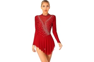 Alvivi Maillot de Danza para Mujer Patinaje de Manga Larga Maillot Gimnasia Rítmica con Falda y Pedrería Brillante Vestido de Baile Disfraz Bailarina S-XXL