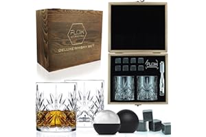 FLOW Barware Szklanki do whisky, zestaw 2 i polerowanych kamieni do whisky, zestaw upominkowy, szklanki do whisky z wyciętym wzorem, szklanka do whisky do szkockiej, burbona, zestawy upominkowe dla