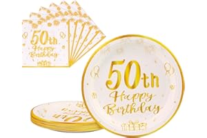 AHPYEUHK 50 Anni Compleanno Piatti Carta 25 PCS & Tovaglioli 25 PCS Oro Bianco 9 Pollice Stoviglie Festa Piatti di Carta Compleanno Decorazione Regalo di Festa per Uomo Donna
