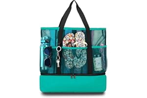UYLIA Large Tote Mesh Beach Bag with Cooler for Women Men, Durable 8 Pockets Sandproof Waterproof Foldable for Pool Swimming and Travel Daily Use