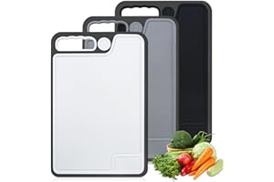BOCHION Lot de 3 Planche a Decouper Plastique, Planche à Découper Antidérapante Professionnelle, Grande Planches à Découper Cuisine avec Rainure de Jus & Presse-Ail - 35 x 23cm pour Fruits, Légumes, Viande