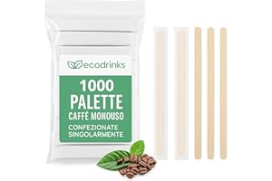 ecodrinks - 1000 Palette Caffè Monouso - Bastoncini di Legno di Betulla IDEALI PER CAFFE', Biodegradabili per Bar e Casa - Ecologiche e Resistenti - Imbustate Singolarmente, 9 cm