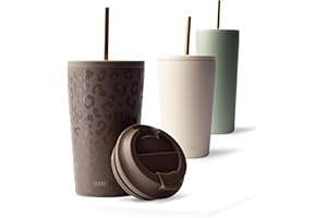 MAMEIDO Thermobecher mit Strohhalm 470 ml, Trinkbecher mit Deckel und Strohhalm aus Edelstahl doppelwandig isoliert, auslaufsicher, Coffee to go Becher (Wild Allure)