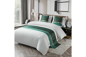Morbuy Bed Runners and Matching Cushions Set, Scarves Bed Runners Hotel Bed Scarf Bedding Bed Towel Luxury Bedspread Protection for Bedroom Hotel (Dark green gold,50x240+50x50cm)