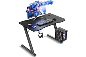 TRIUMPHKEY Mesa Gaming 80 x 52 cm, Escritorio Gaming en Forma de Z Ergonómica, Mesa Gamer de Fibra de Carbono, Mesa para Ordenador con Gancho para Auriculares, Negro