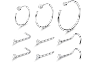 Kakonia 22G 9Pcs Petits Anneaux de Nez Goujons Cristaux d'Autriche Acier Inoxydable Tire-Bouchon Anneaux de Nez Helix Piercings Hoop Ensemble de Bijoux de Corps