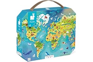 Janod - Puzzle Enfant Le Monde 100 Pièces - Jeu Educatif Motricité Fine et Concentration - Valisette Poignée - Fabriqué en France et Certifié FSC - Dès 6 Ans, J02607