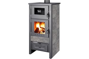 ProTermo Taurus Schwarz/Antrazit Kaminofen mit Backfach – 12kW Heizleistung - Holzofen mit Schamottstein Energieeffizienzklasse A 52 x 50 x 107cm 2 Sichtfenster