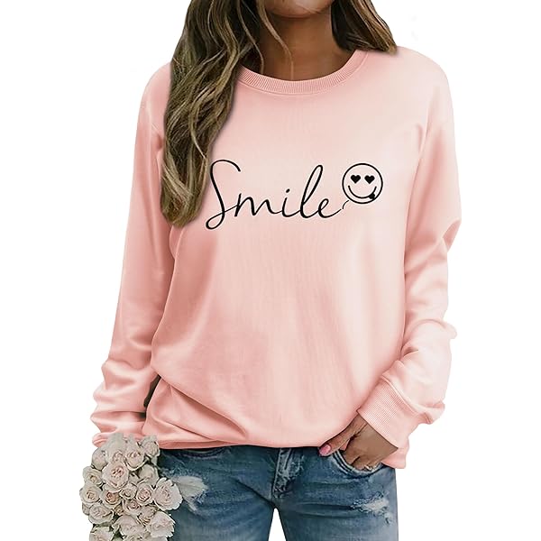 Dresswel Sweatshirt voor dames, smile print, grappige glimlachende ronde hals, katoenen trui, herfst, winter, casual, bovenstuk, lange mouwen, tops, XXL
