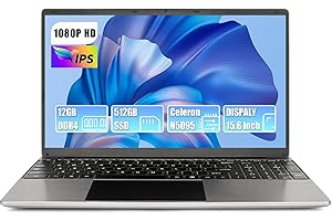 Hcjip Ordinateur Portable 15,6 Pouces, 12Go RAM 512Go SSD PC Portable, Celeron N5095 Processeur Quad-Core, FHD 1080P, USB 3.0, Mini HDMI, TF, Bluetooth, WiFi (Gris Foncé)