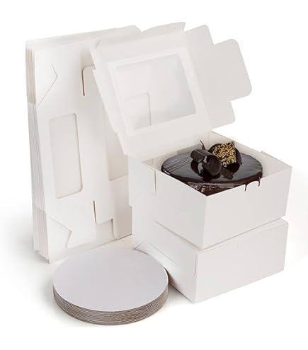 Set di 12 Scatola Torta, 25 x 25 x 20cm Scatole per Torta con Finestra, Scatola Torte in Cartone Bianca per Tortes Dessert, Contenitori per Torte con Vassoi, Scatole Trasportare per Dolci