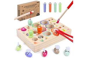 ECHOCUBE Juego de pesca magnético 3 en 1, juguete de pesca de madera para niños, juguete Montessori, juegos educativos, regalo para niños y niñas de 3 años para cumpleaños o Navidad