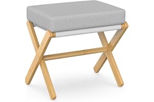 ‎BAMBOOHOMIE BAMBOOHOMIE Makeup Eitelkeit Hocker, Faltbarer Fußhocker mit Bambus X Beinen, Ottoman Fußstütze Stuhl für Vanity, Moderne Fußhocker klein gepolstert für Wohnzimmer (Natürlich - Grau)