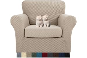 MAXIJIN 2 Piece Newest Jacquard Chair Covers with Arms Super Stretch Non Slip Chair Slipcover for Living Room Dogs Pet Friendly Elastic Sofa Couch Protector Armchair Cover (1 Seater, Khaki)