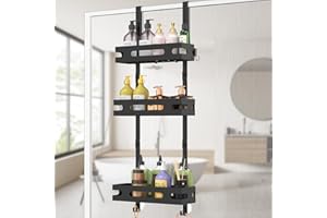 YEAUPE PRO Duschregal zum Hängen 3 Etagen – Duschregal Ohne Bohren für Glasduschwand, mit 2 Saugnäpfen, 6 Haken – Robuster Metall Badezimmer Organizer 78 cm, bis 18 kg Belastbar (Schwarz)