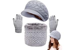Joligiao Winter Hat Scarf and Gloves Set Women's Knitted Beret Hat Warm Thermal Neck Warmer Touchscreen Gloves 3 in 1 Crochet Set Winter Outdoor Sports