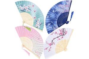 DEOMOR 4 Stück Handfächer Fächer Folding Fans Hand Fans Bambus Fans mit Quaste Faltfächer Klappfächer Taschenfächer für Wanddekoration Geschenke Hochzeit (38cm*21cm)