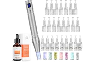 Raylinyee professionelles elektrisch derma pen Microneedling Nadeln 0-2.5 mm und 6 stufen(Inkl.24 köpfe Patronen) & Hyaluron Serum mit Vitamin C, Hyaluronsäure-Gesichtsserum