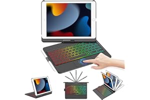 CC Store Teclado para iPad 9 Generacion,Teclado Español Ñ Bluetooth de Carcasa Rígida Giratoria 360° con Touchpad y 7 Colores de Retroiluminación para iPad 10.2" 9ª/8ª/7ª Gen, Negro