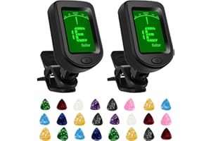 XOPOZON 2 Set Guitar Tuner Clip On, Digital Tuners of Guitar Accessories with 24pcs Guitar Picks, for Acoustic Guitar, Electronic Guitar, Bass, Violin, Ukulele and Other Stringed Instruments