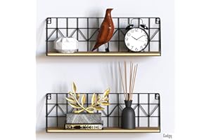 Gadgy Zestaw 2 Wiszących Półek Ściennych z Metalu i Drewna - Czarne Półki Dekoracyjne do Salonu, Kuchni lub Sypialni - 45 x 12 x 15 cm