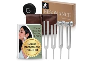 Resonans inställningsgafflar för helande set – 128 Hz, 136,1 Hz, 256 Hz, 384 Hz viktad och oviktad stämningsgaffel set innehåller hockeypuck aktiverare – chakra-ljudterapiinstrument i en vegansk