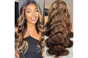 WENYAN Perruque Bresilienne Cheveux Humain Sans Colle 4x4 HD Lace Wear and Go Glueless Wig Human Hair Perruque Femme Naturelle Brésilien Pre-Cut Lace Body Wave Wig Couleur 4/27 180% Densité (14 pouces)