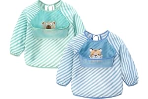 Miracle Baby Bavoir à Manches Longues pour Bébé 2pcs Tablier Imperméable Bavoirs d'Alimentation pour Enfant de 6 mois à 3 ans, sans Plastique, Tour de cou ajustable, Tigre et Ours