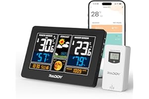 Raddy N75 Estación meteorológica Wi-Fi con sensor exterior, estación meteorológica de 7,5", APP muestra datos meteorológicos, reloj de red, pronóstico del tiempo, advertencia heladas, brillo ajustable