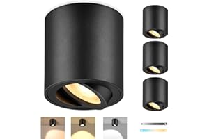 ‎GEYOULUX GeyouLux 4 x LED surface-mounted spotlights, dimmable, diameter 80 x 84 mm, black, surface-mounted 230 V including 5 W 580 lm LED module, 3000 K/4000 K/6500 K, surface-mounted spotlight, 30° swivelling surface-mounted light, aluminium LED surface light, round