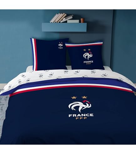 Parure De Lit Équipe De France FFF Réversible – 100% Coton OEKO-TEX – Housse 220x240 + 2 Taies 63x63