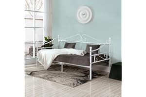 buybyroom Metal Day Bed Frame 90 x 190cm, Single Bed with Headboard and Slatted Frame Single Bed Sofa Bed Day Bed for Bedroom Living Room Guest Room, White