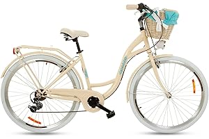 Goetze Mood Bicicleta de ciudad retro vintage Holanda, ruedas de aluminio de 28 pulgadas, 7 marchas, cambio Shimano Tourney, nivel bajo, cesta con acolchado gratis